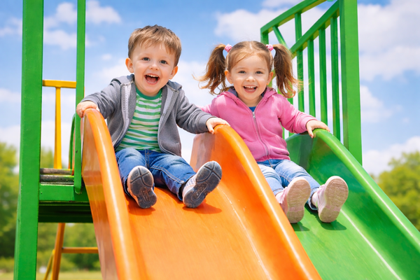 Spielplatz - Junge und M�dchen auf einer Rutsche