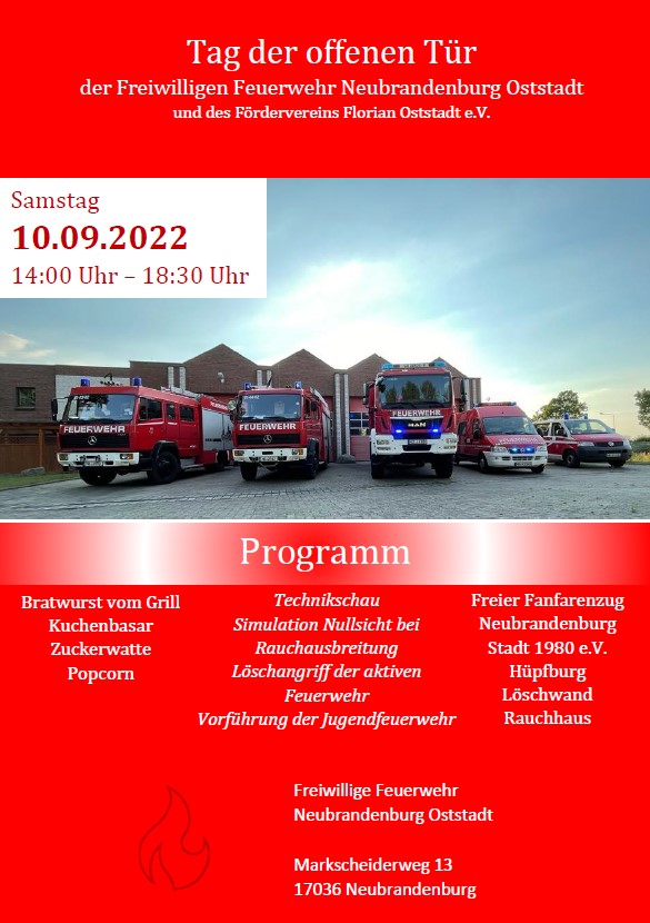 Tag der offenen Tür der Freiwilligen Feuerwehr Neubrandenburg Oststadt und des Fördervereins Florian Oststadt e. V.