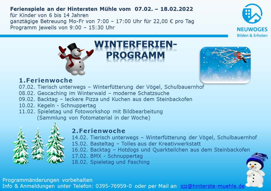 Winterferienprogramm 2020 der Hintersten Mühle