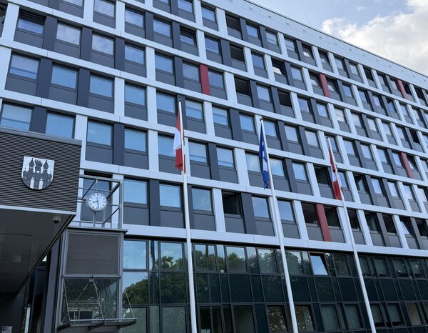 Eine Frontansicht des Rathauses der Neubrandenburg mit drei an Flaggenmasten gehissten Flaggen.