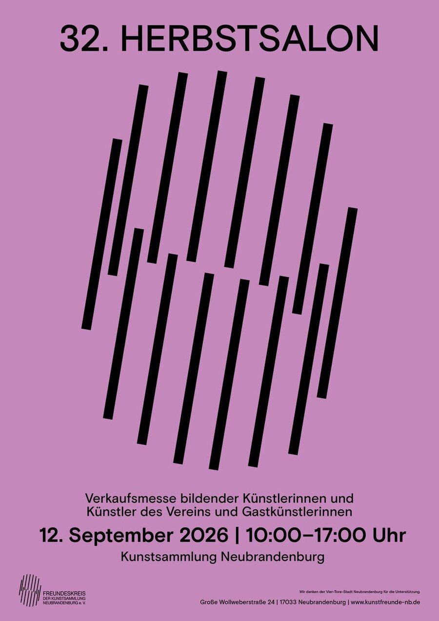 Ein Plakat im A4-Format mit lila Hintergrund und schwarzer Schrift, auf dem stehen Information zum 32. Herbstsalon der Kunstsammlung.